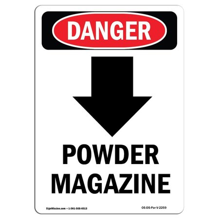 SIGNMISSION OSHA Danger Sign, Powder Magazine Down Arrow, 5in X 3.5in Decal, 3.5" W, 5" L, Portrait OS-DS-D-35-V-2259